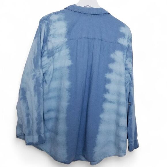 J Jill Linen Blend Tie Dye Blue Roll-Tab Sleeve Button Up Shirt - Size XL - Picture 4 of 10